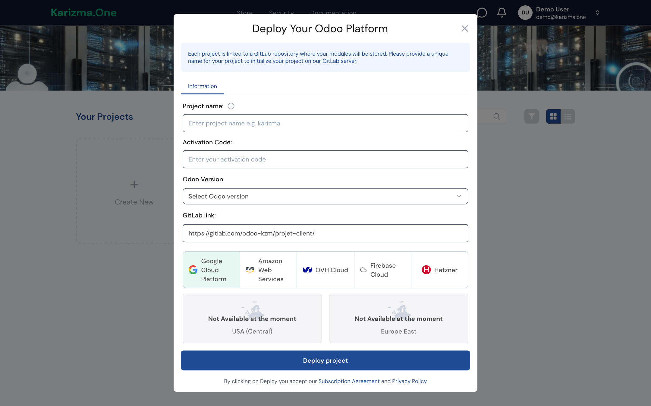 The Deploy Your Odoo Platform window