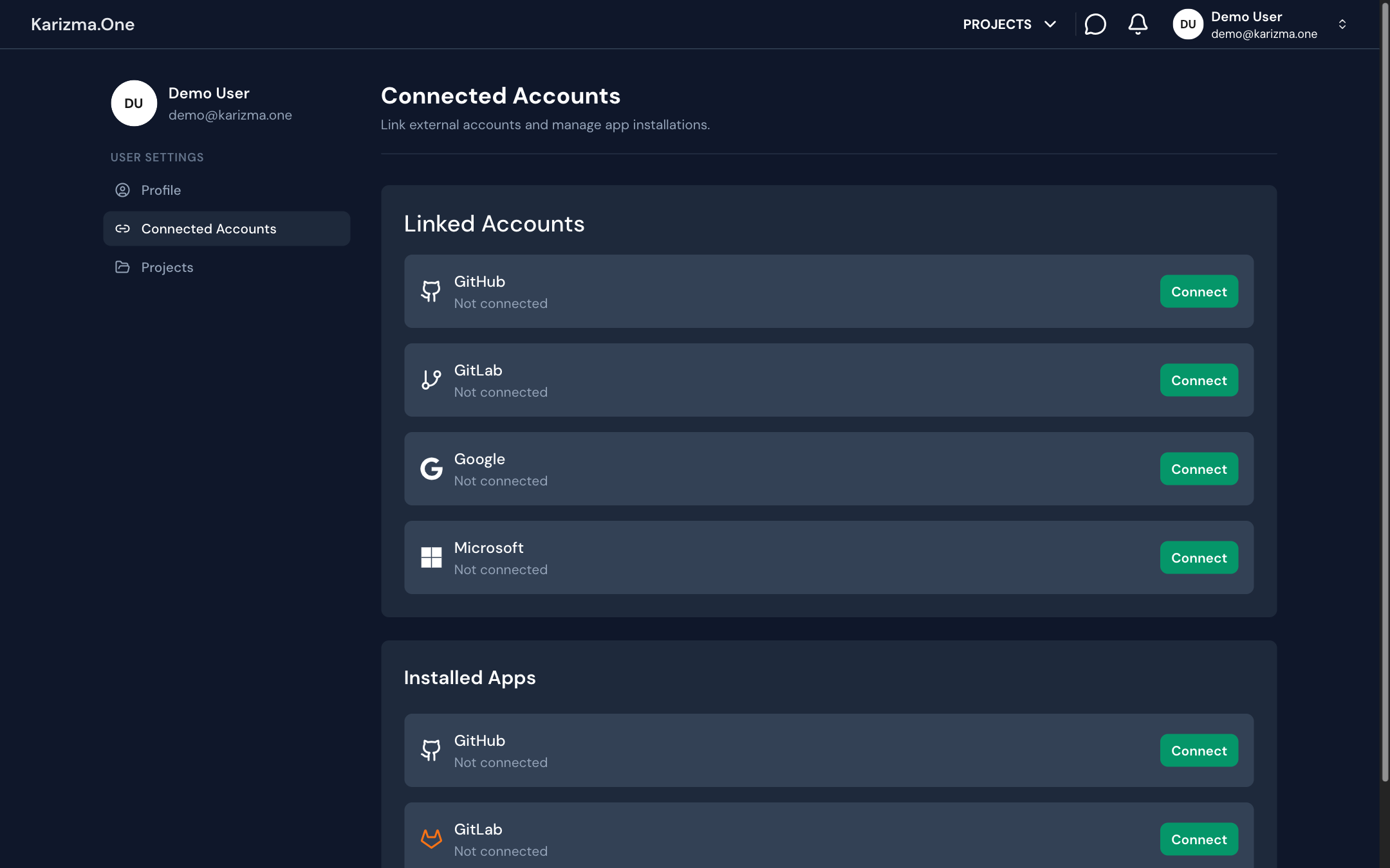 Les blocs Linked Accounts et Installed Apps