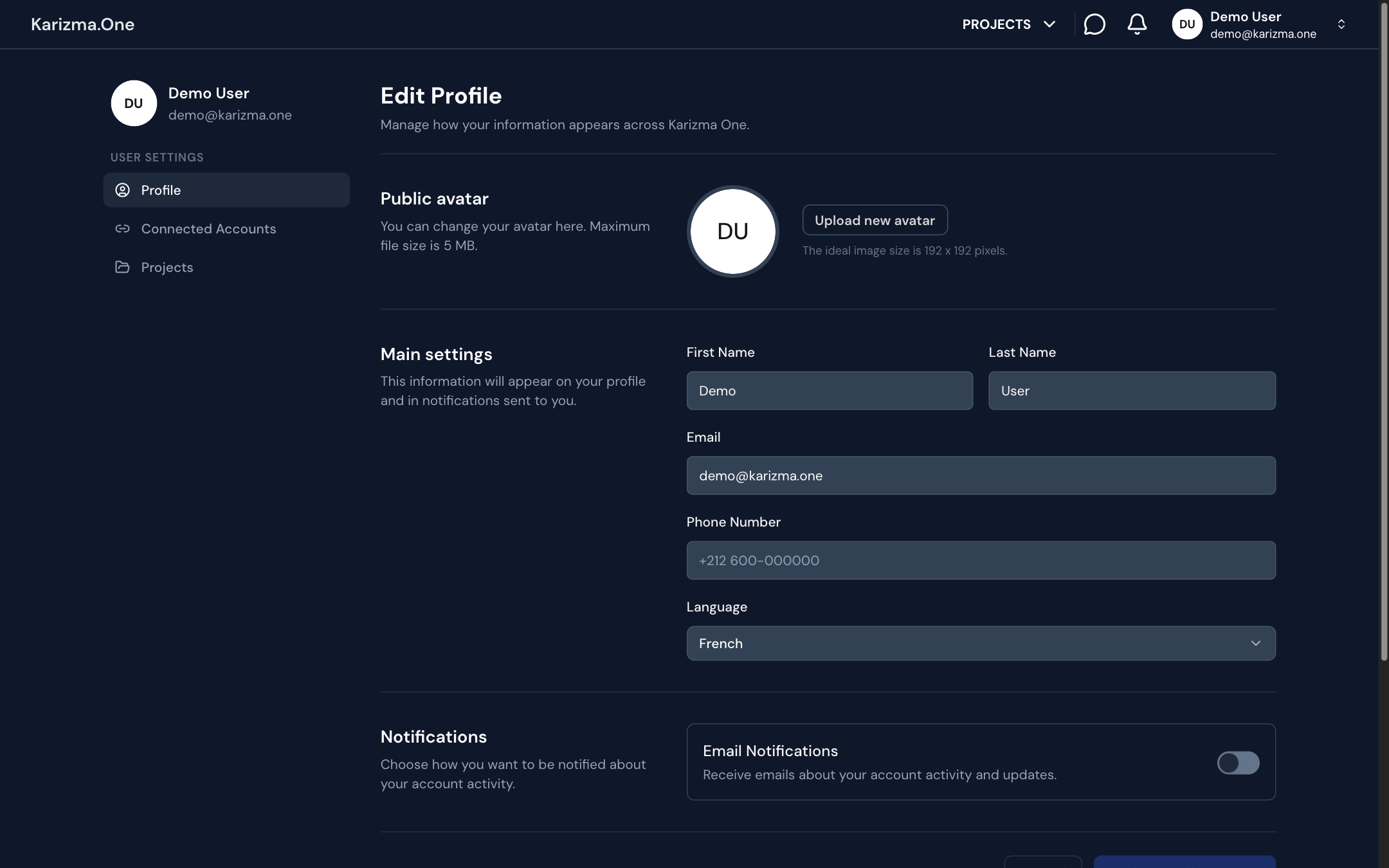 La page Edit Profile : avatar, informations principales, notifications et adresses