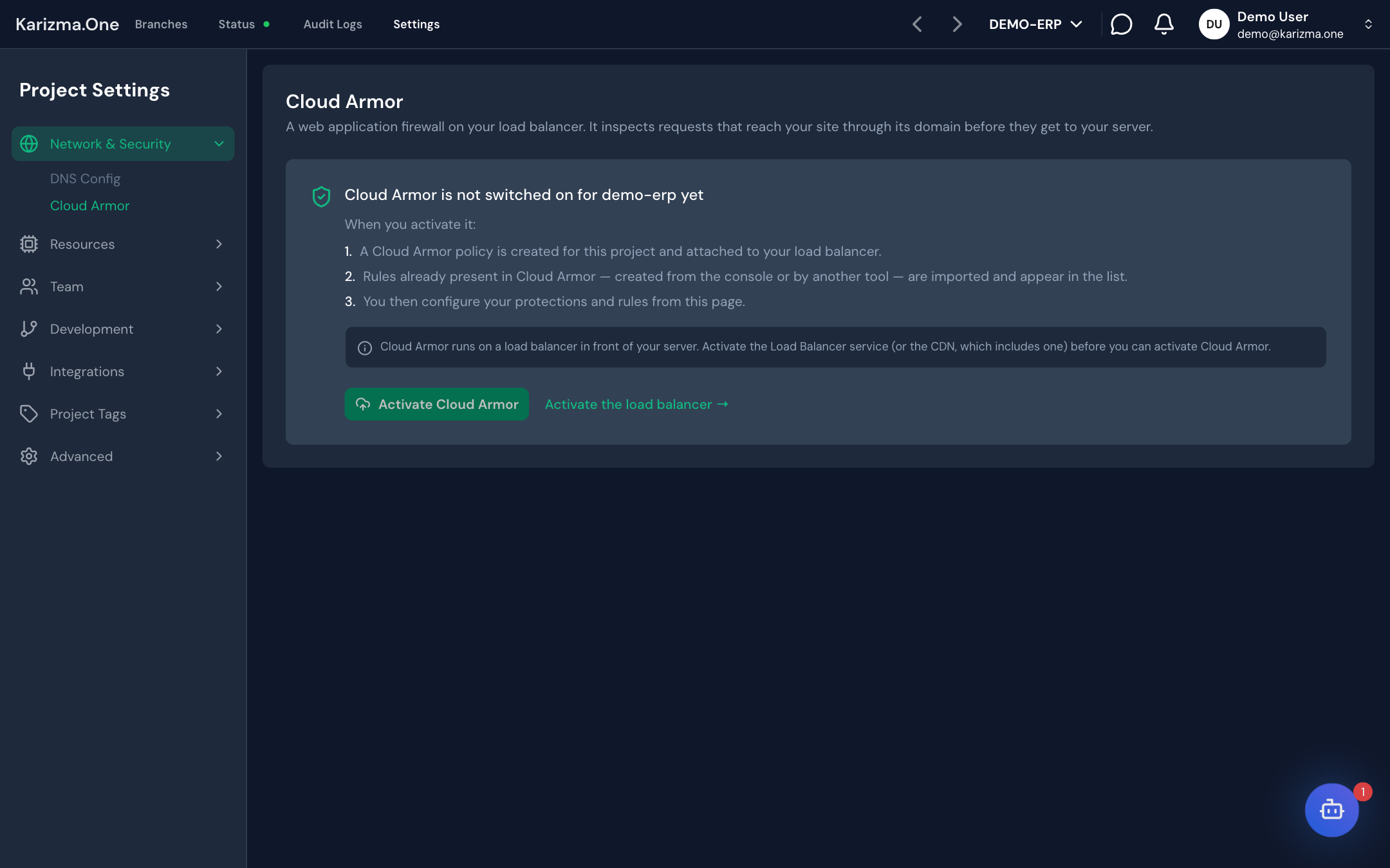 Écran d'activation de Cloud Armor