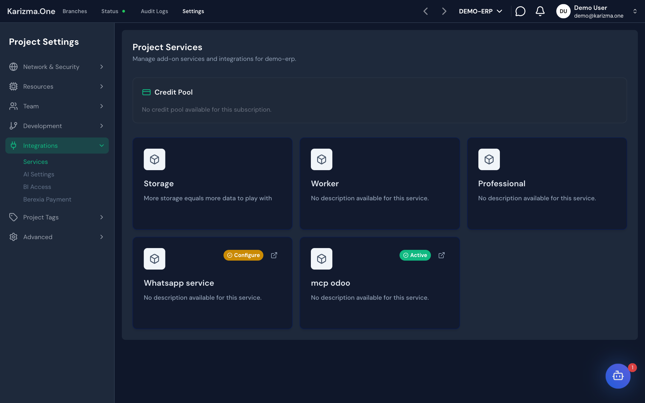 La page Project Services : la carte Credit Pool et les cartes de services