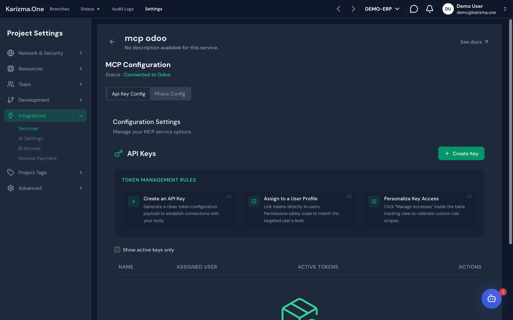 L'onglet Api Key Config et le tableau des clés