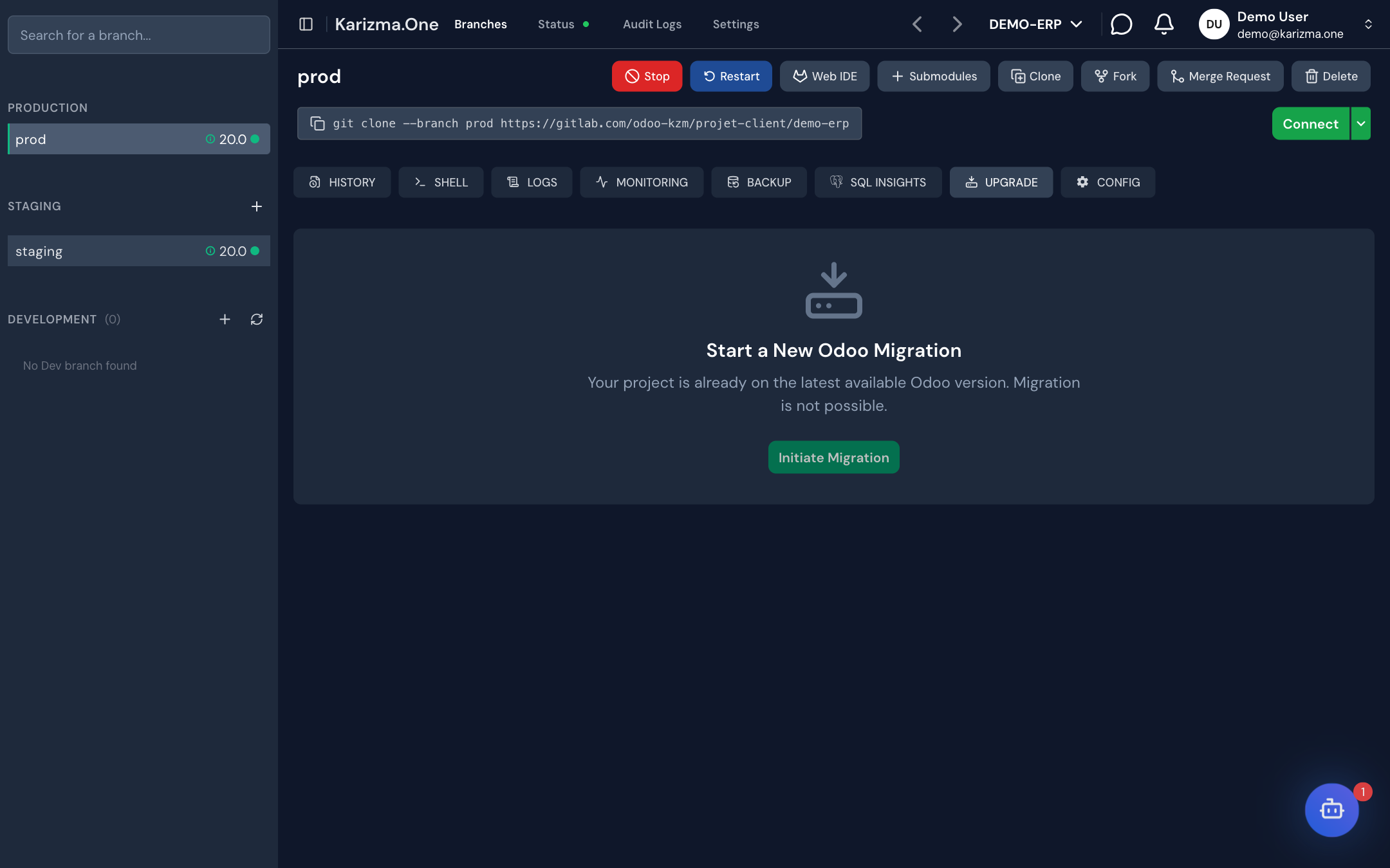 L'écran Start a New Odoo Migration sur la branche de production